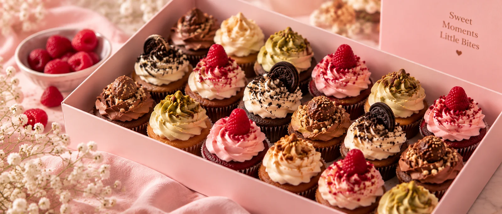 Assortiment de cupcakes Sofie’s dans une box rose